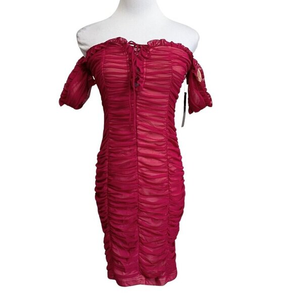 NWT LULUS ALTO RASPBERRY PINK RUCHED MESH FRILLY MINI BODYCON COCKTAIL DRESS - Picture 1 of 9